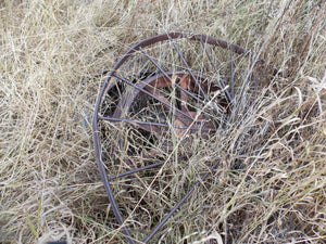 25 year collection of antique  steel farm equipment wheels