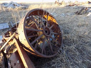 25 year collection of antique  steel farm equipment wheels