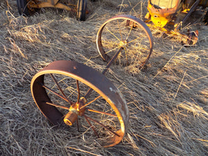 25 year collection of antique  steel farm equipment wheels